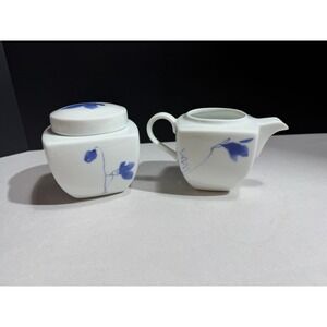Studio Nova Ming Blue Porcelain Cream and Sugar Set Square White Floral TF003